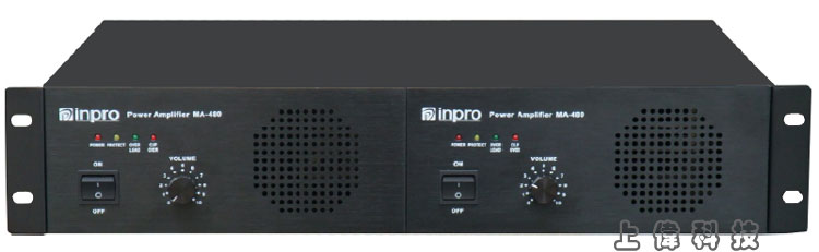 MA-240 inpro 2CH 模組式廣播擴大機-240W功率*2ch'設計模組式獨立功率放大器在一個機箱中,提供了多種選擇,以滿足不同大小的聲音系統需要 具 POWER/OVER LOAD/CLIP OVER/SIGNAL 指示燈'具音量調整控制鈕'採 2U 設計方式,可安裝於 19”標準機櫃'保護功能:過熱、過載、短路等完善保護功能,由上偉科技專業銷售'工程安裝'維修服務,洽詢電話02-22267567(代表號)由專人服務