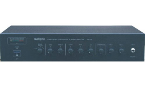 PM-1000A inpro 簡易型會議主機-80W功率輸出具三組外接音源及音量調整功能'具麥克風輸入及音量調整功能。高低音音質調整功能'會議模式:1)開放模式具 5 段可選擇 1-9 支會議單體同時發2)具會議麥克風光環顯示控制電路連線自我測試功能(亮:正常,不亮:故障)3)以上功能可由主機隨時改變會議模式應變現場狀況,由上偉科技專業銷售'工程安裝'維修服務,洽詢電話02-22267567(代表號)由專人服務