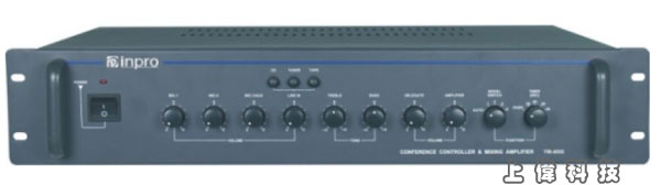 YM-4000A inpro 數位型會議主機-120W功率輸出具三組外接音源及音量調整功能'具麥克風輸入及音量調整功能。高低音音質調整功能'會議模式:a) 自動關閉模式具 5 段可選擇 1-9 支會議單體同時發言,開啟單體未發言超過 30/45/60/90 秒自動關閉(主席不受限制)b) 具主席專用發言模式、會議暫停模式及限制計時模式(限制會議單體開啟後不發言時間)及麥克風啟動模式c) 開放模式具 5 段可選擇 1-9 支會議單體同時發言d) 具會議麥克風光環顯示控制電路連線自我測試功能(亮:正常,不亮:故障)e) 以上功能可由主機隨時改變會議模式應變現場狀況,由上偉科技專業銷售'工程安裝'維修服務,洽詢電話02-22267567(代表號)由專人服務