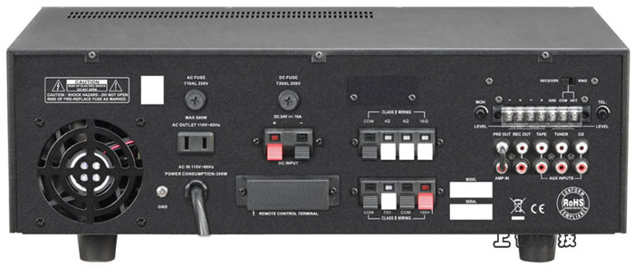 TPA-120CDR SHOW 廣播用擴音機-前後級150W功率內建USB MP3/SD錄放音器及單片吸入式CD機'低失真、低雜訊、音質優美、外型美觀堅固'麥克風輸入座*4(6.3φ非平衡式),音量可獨立控制'麥克風1 有優先廣播功能'輔助音源輸入座 3組切換'低阻抗輸出(4Ω、8Ω、16Ω );高阻抗輸出(70V、100V )'可依喜好搭配模組'過載保護、過壓保護、短路保護'前級輸出、後級輸入 低音和高音可獨立控制'散熱風扇設計'電話廣播功能'附有監聽輸出,由上偉科技專業銷售'工程安裝'維修服務,洽詢電話02-22267567(代表號)由專人服務