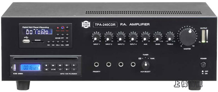 TPA-120CDR SHOW 廣播用擴音機-前後級150W功率內建USB MP3/SD錄放音器及單片吸入式CD機'低失真、低雜訊、音質優美、外型美觀堅固'麥克風輸入座*4(6.3φ非平衡式),音量可獨立控制'麥克風1 有優先廣播功能'輔助音源輸入座 3組切換'低阻抗輸出(4Ω、8Ω、16Ω );高阻抗輸出(70V、100V )'可依喜好搭配模組'過載保護、過壓保護、短路保護'前級輸出、後級輸入 低音和高音可獨立控制'散熱風扇設計'電話廣播功能'附有監聽輸出,由上偉科技專業銷售'工程安裝'維修服務,洽詢電話02-22267567(代表號)由專人服務
